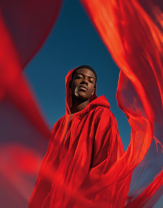 A person wearing a red hooded garment, framed by flowing red fabric against a clear blue sky.