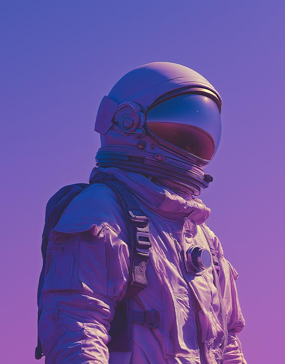 An astronaut in a white spacesuit and helmet stands against a clear purple sky