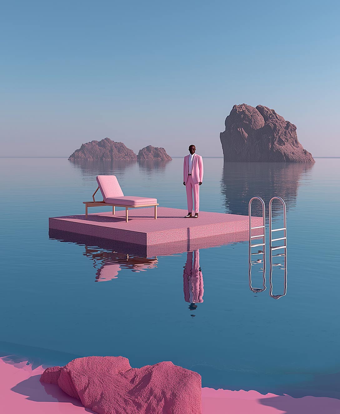 A man in a pink suit stands on a floating pink platform with a lounge chair and metal ladder, surrounded by calm blue water and distant rocky islands under a clear sky.