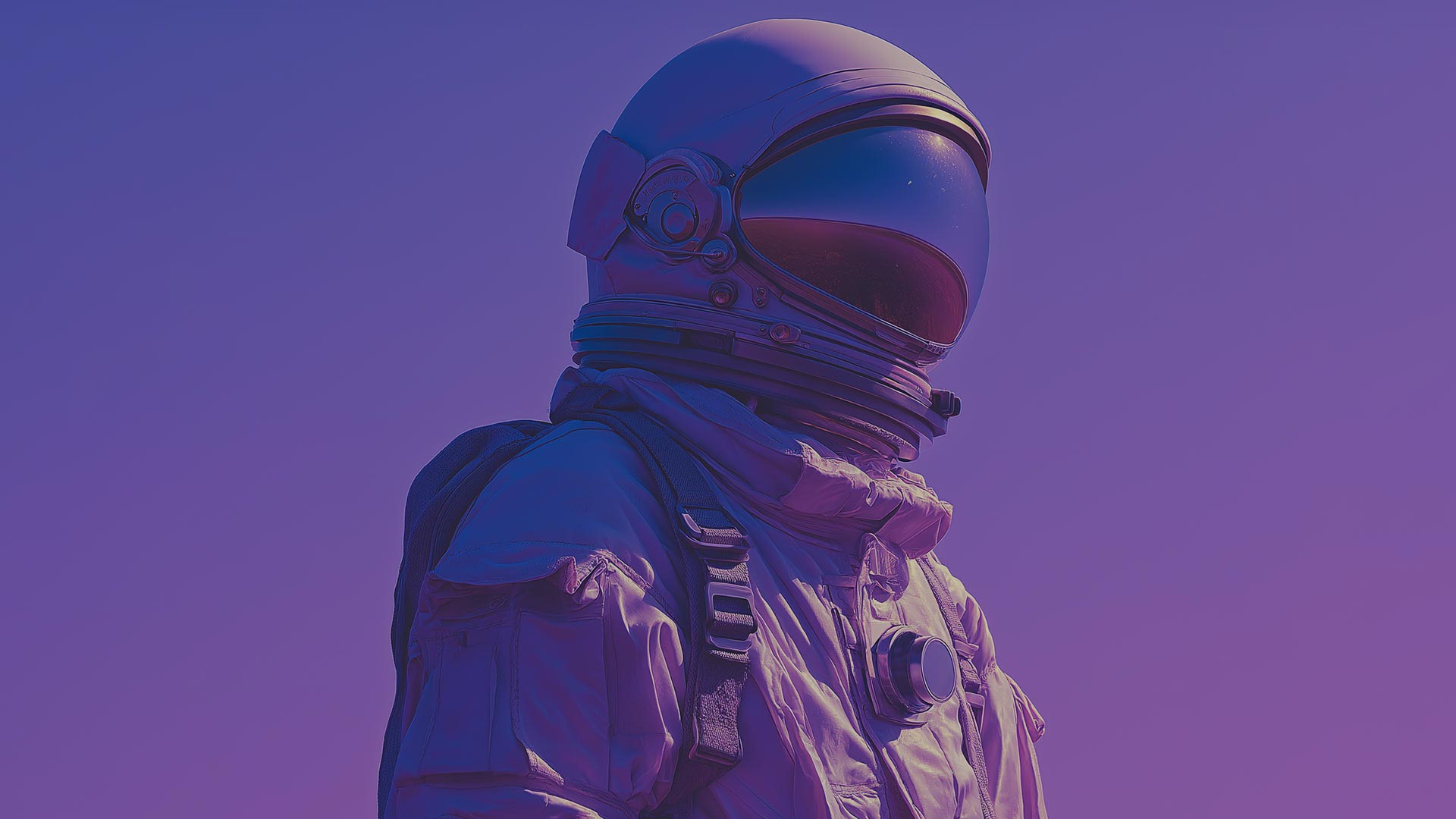 An astronaut in a white spacesuit and helmet stands against a clear purple sky