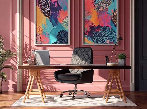 Modern workspace with a wooden desk, black office chair, laptop, and colorful abstract paintings on a pink wall