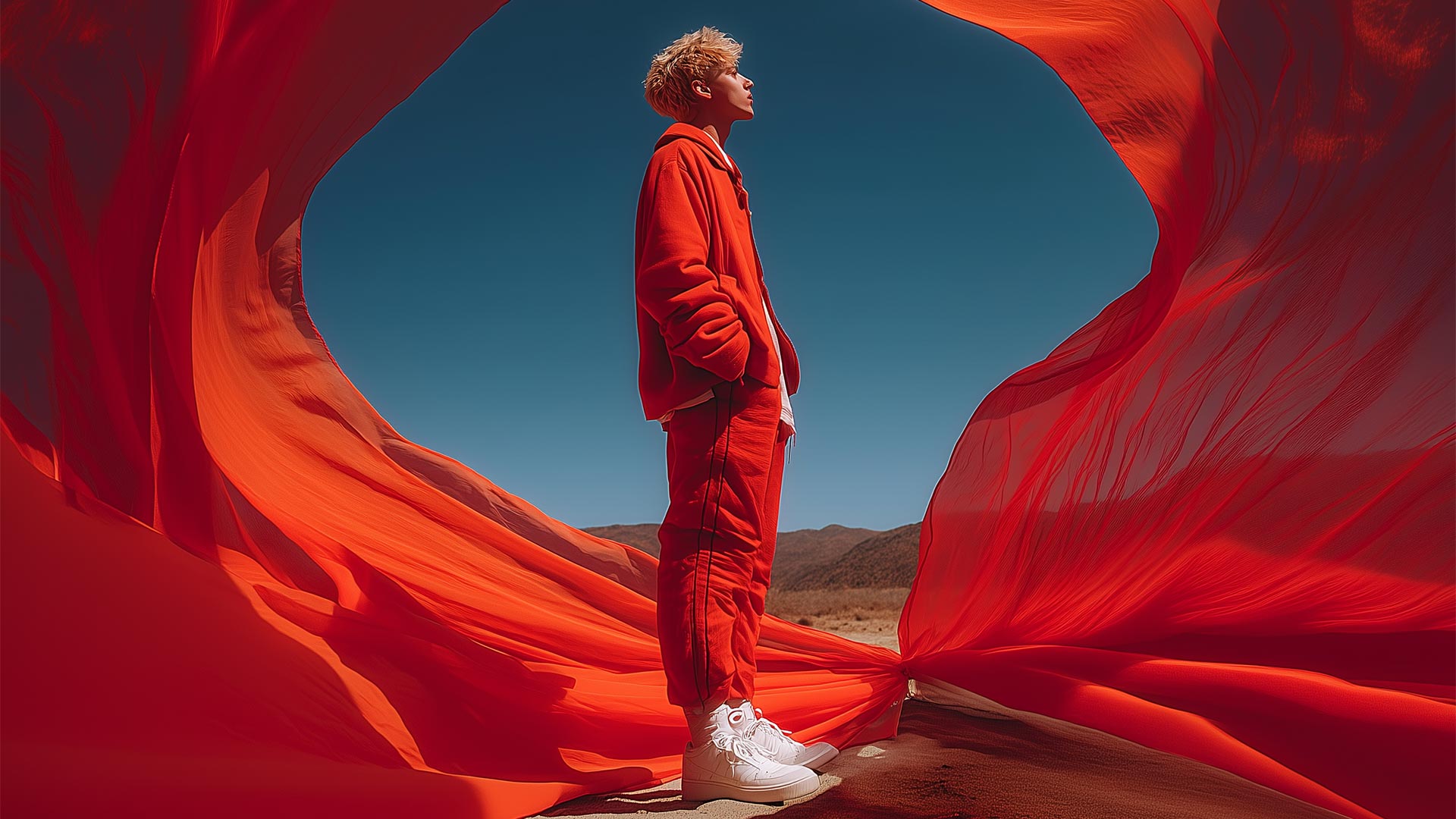A man in a red tracksuit (side view) stands against a desert background surrounded by red fabrics