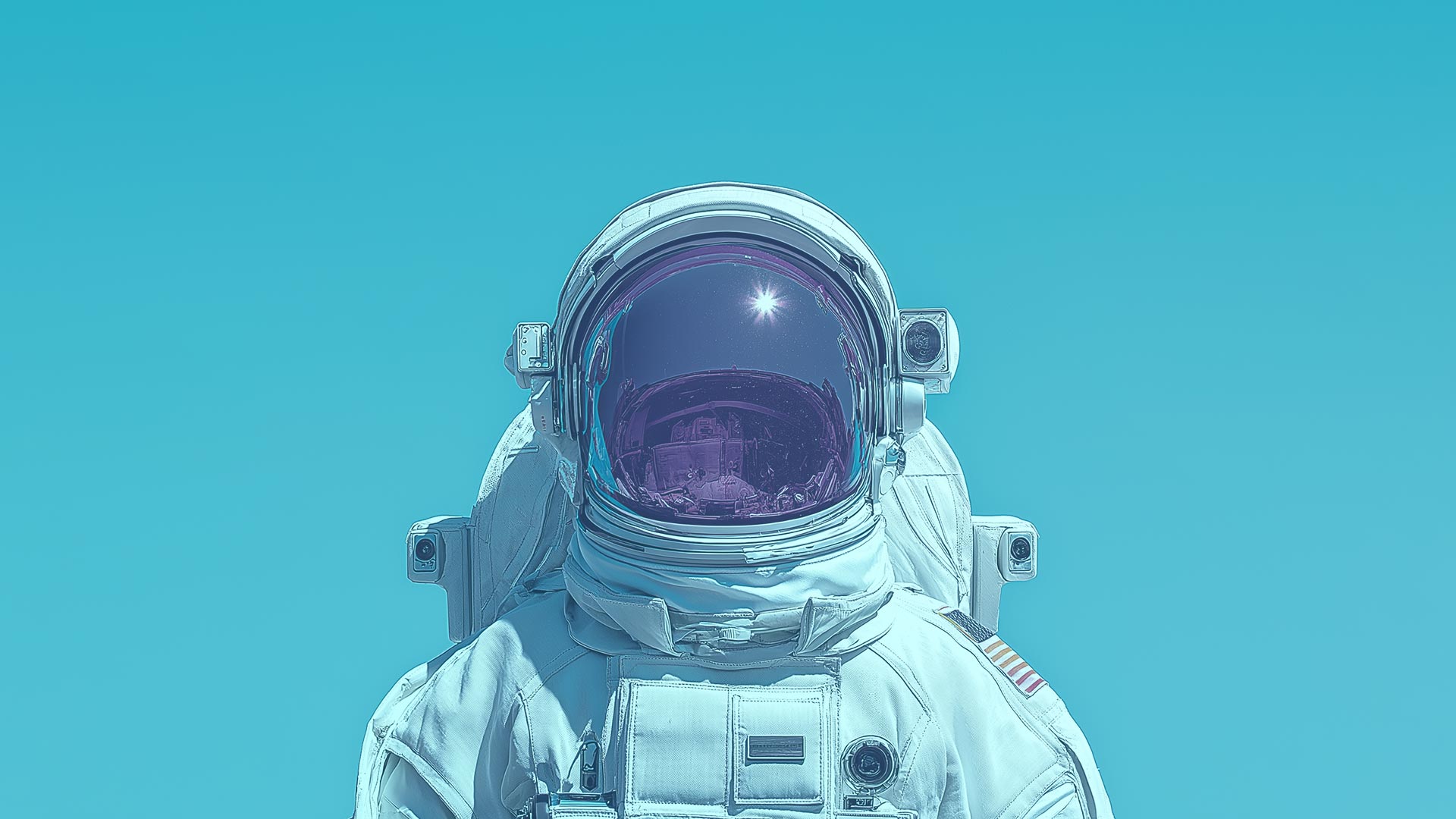 Astronaut in a white spacesuit on a pure cyan background.