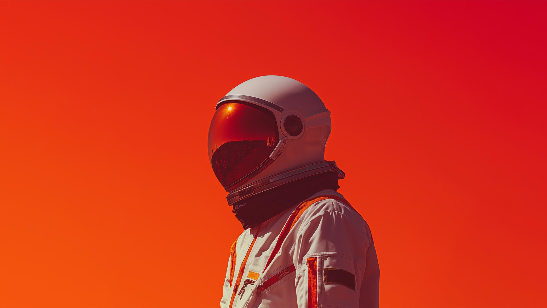 An astronaut in a white spacesuit on a pure red-orange background.