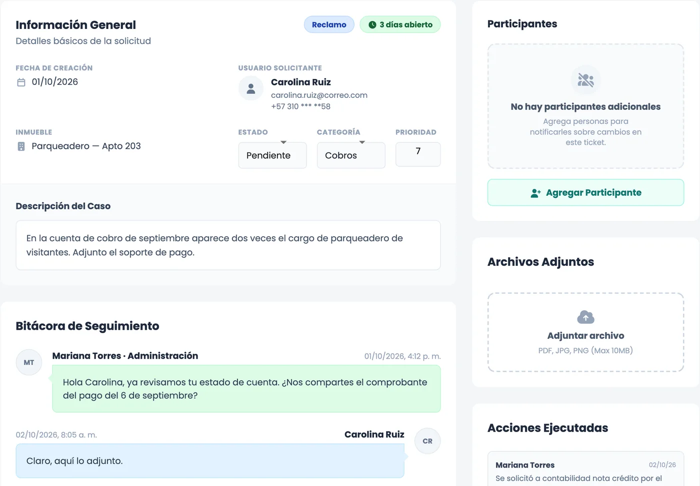 Pantalla real de MOI: detalle de un reclamo con solicitante, estado, categoría, prioridad, bitácora y acciones ejecutadas