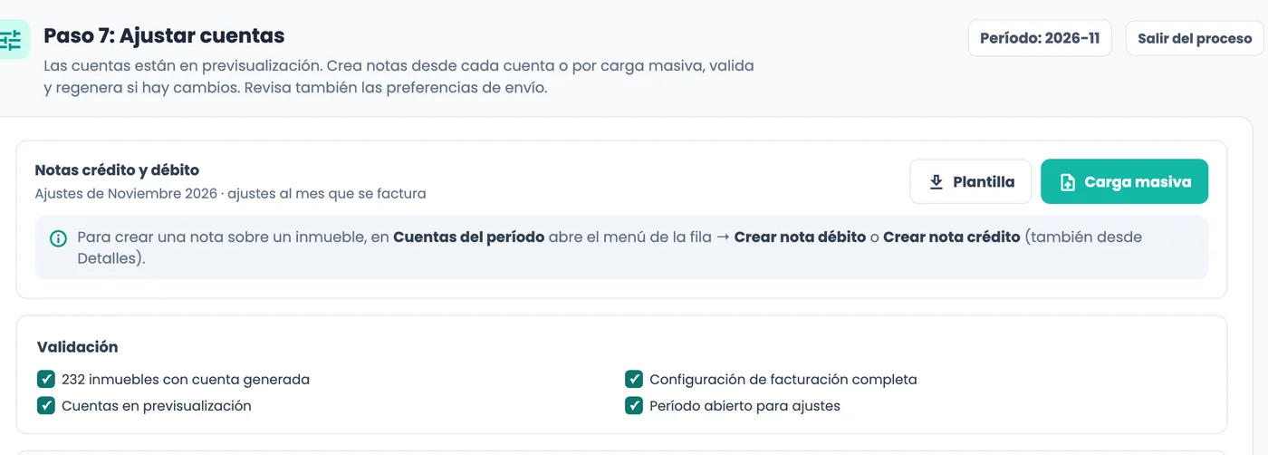 Pantalla real de MOI: paso de validación de la facturación guiada antes de generar las cuentas
