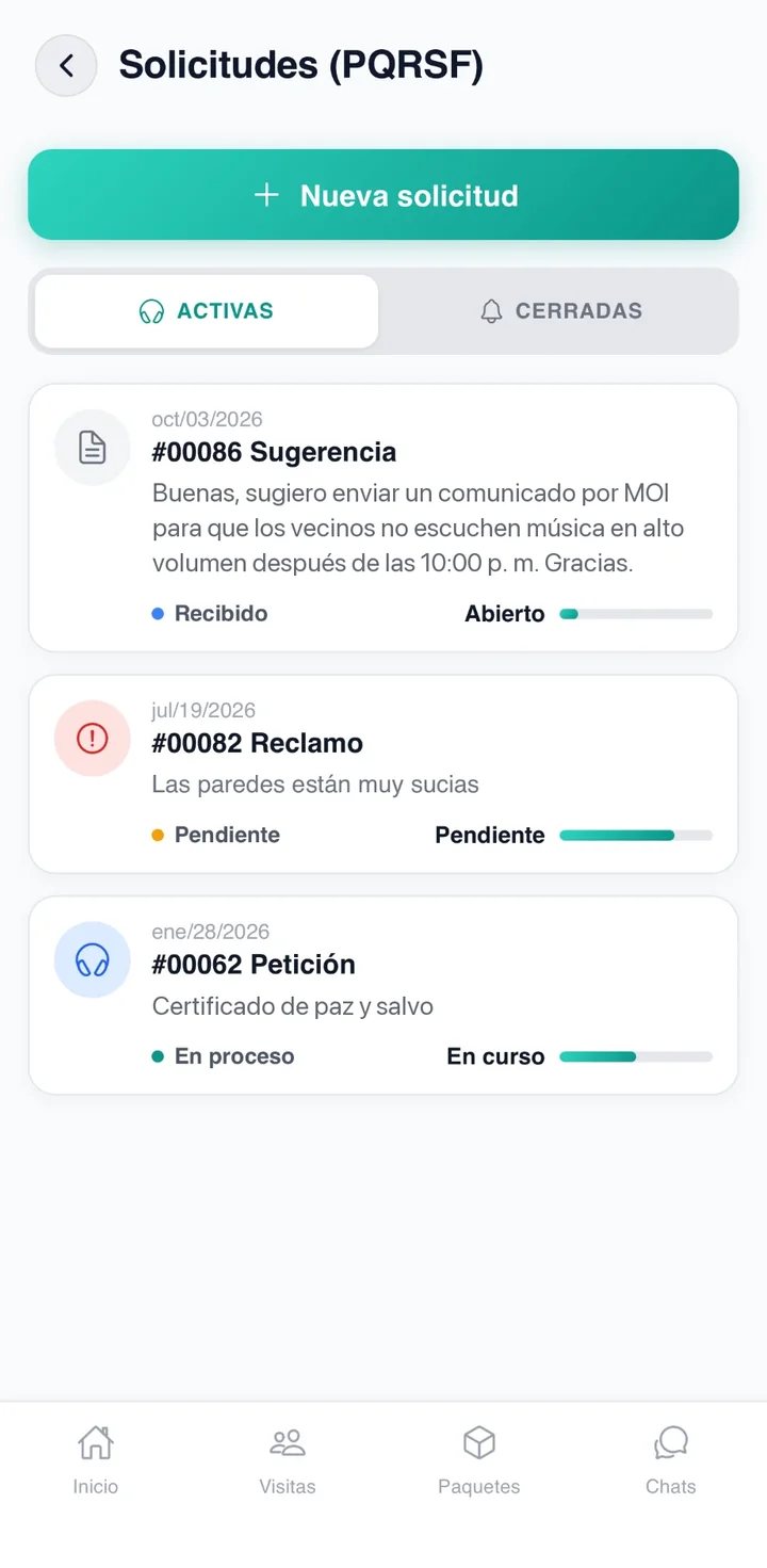App MOI: listado de solicitudes activas del residente con número de radicado y estado