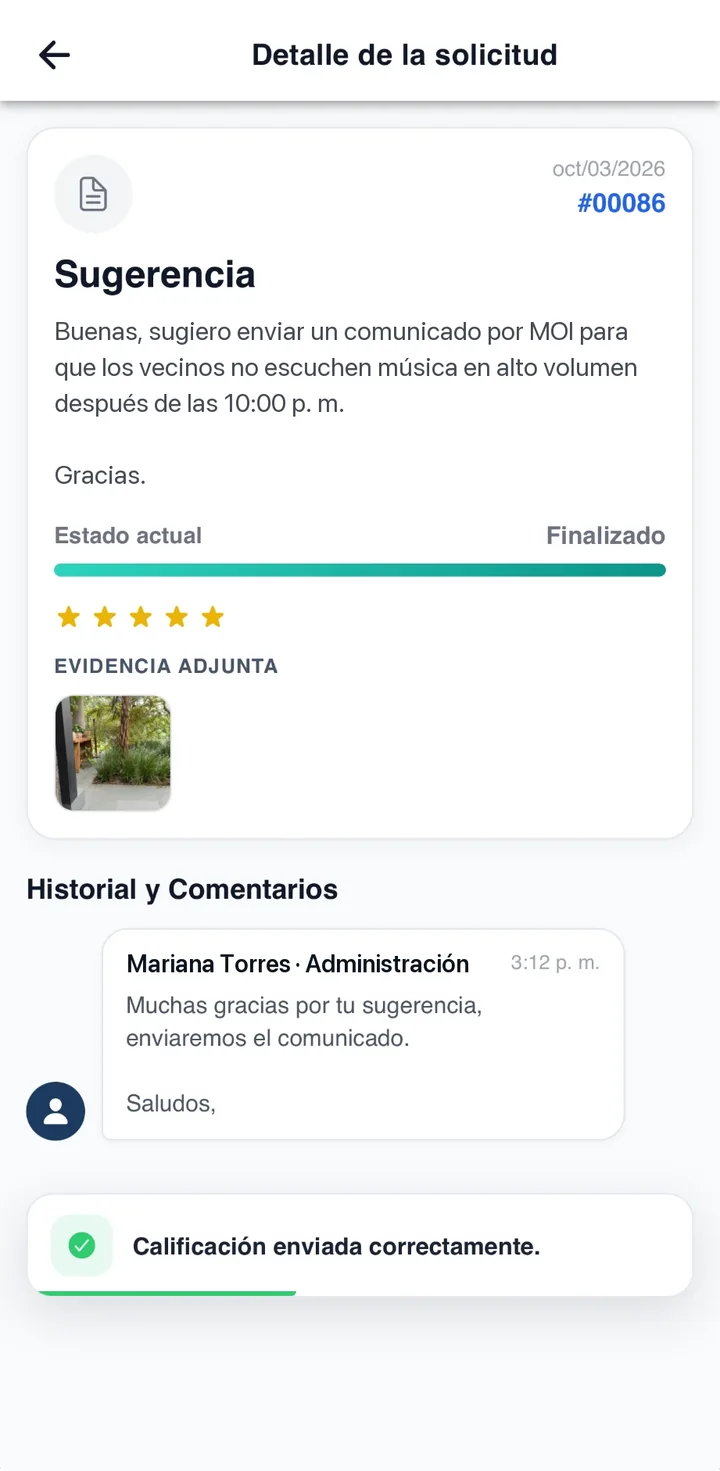 App MOI: solicitud finalizada con calificación de cinco estrellas y respuesta de la administración