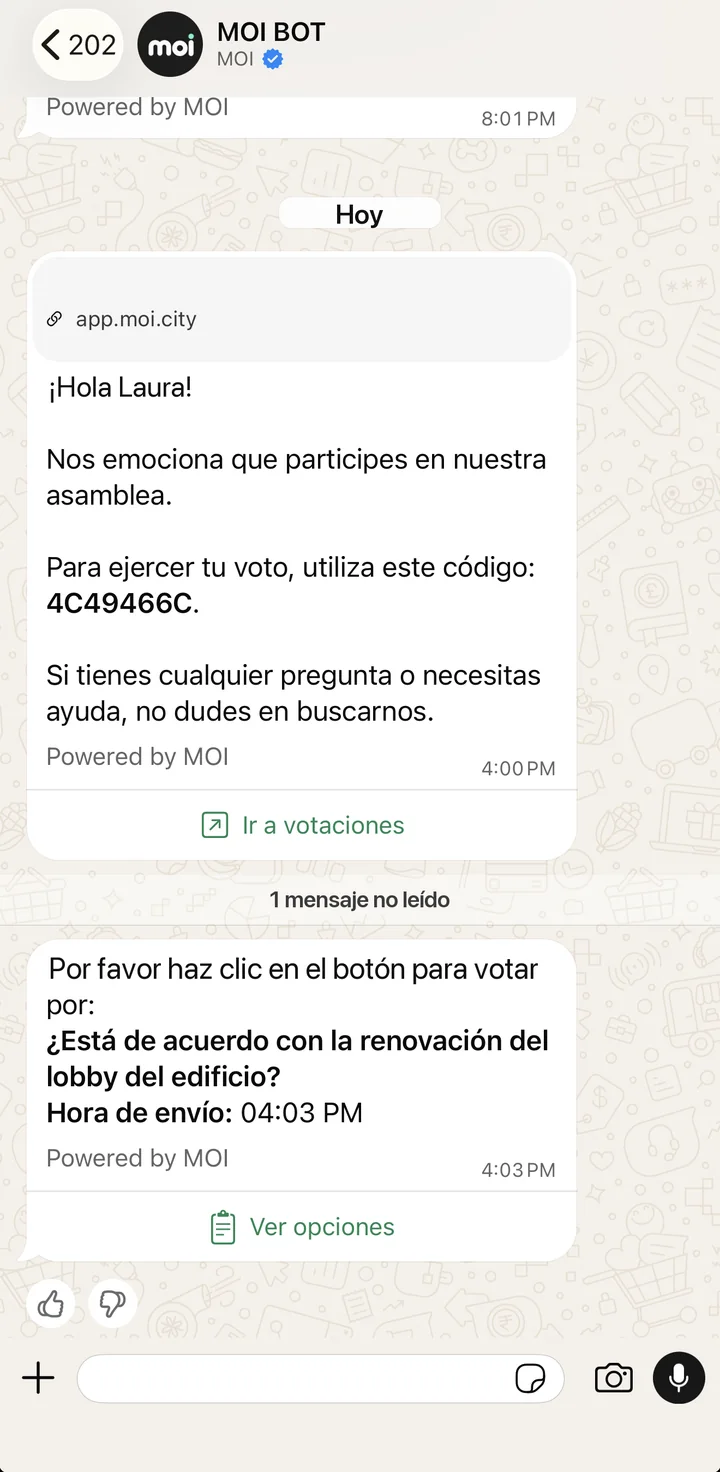 WhatsApp de MOI: el propietario recibe su código de votación y el aviso de una nueva votación