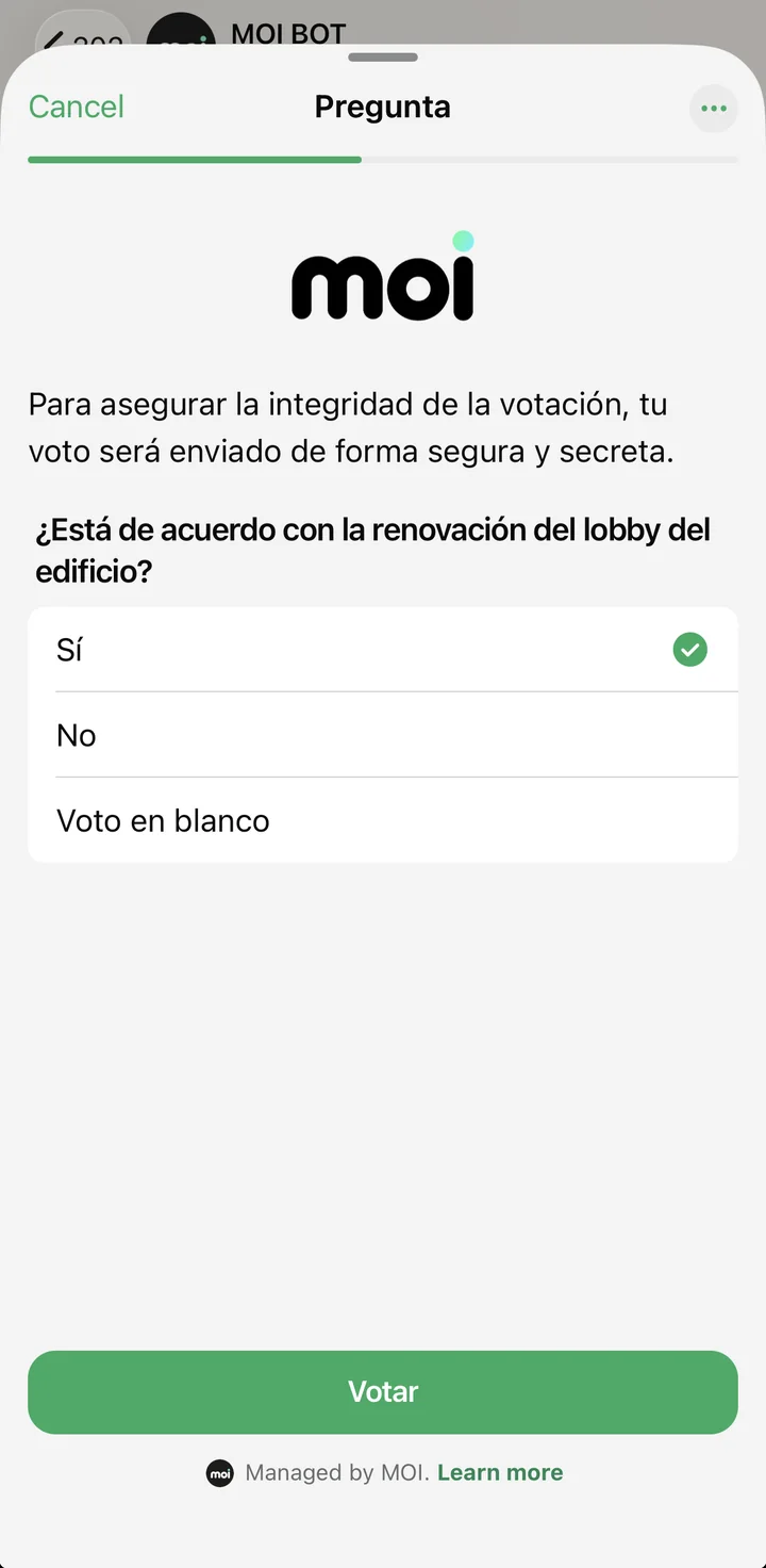 WhatsApp de MOI: pregunta de votación con opciones sí, no y voto en blanco