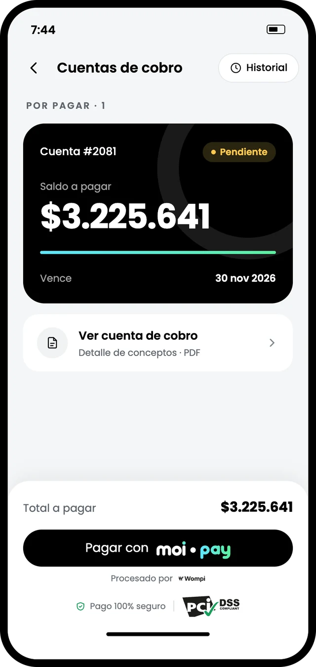 App MOI: cuenta de cobro pendiente con el saldo a pagar y el botón Pagar con MOI Pay, procesado por Wompi
