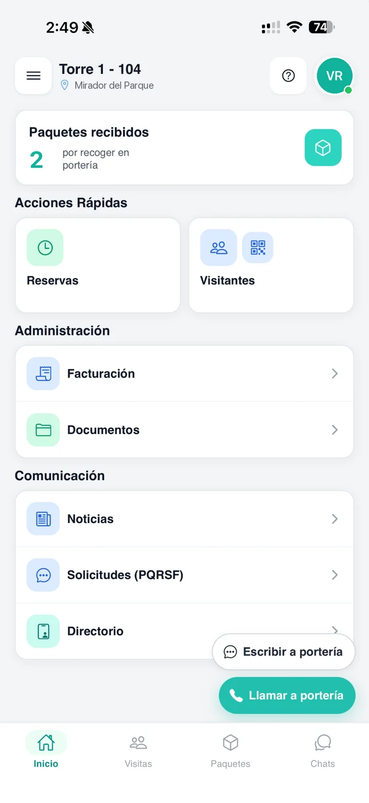 Inicio de la app de MOI para residentes con paquetes, reservas, visitantes y facturación
