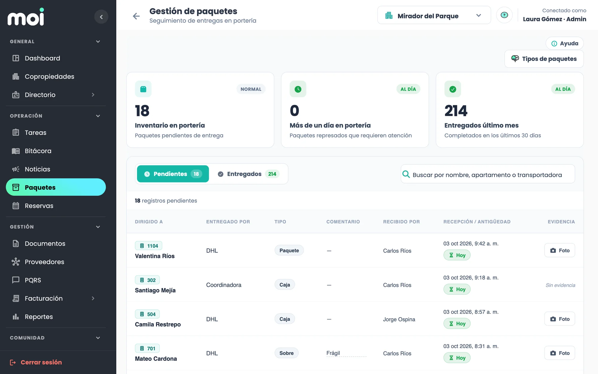 Gestión de paquetes en la versión web de MOI con los paquetes recibidos en portería, su foto y la antigüedad