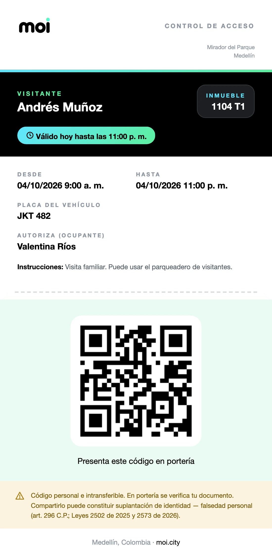Pase de ingreso de MOI para un visitante, con inmueble, vigencia, placa, quién autoriza y código QR