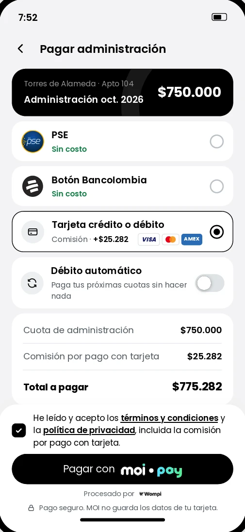 Pago de la administración desde la app de MOI con PSE, Botón Bancolombia o tarjeta