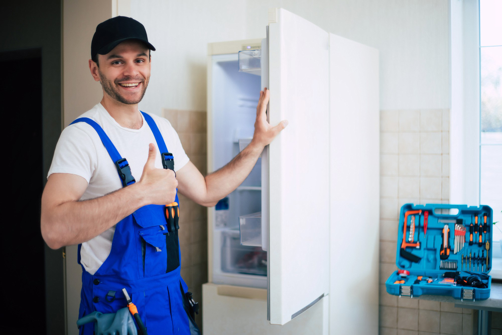 `Appliance repair technician after completing a successful refrigerator repair`
