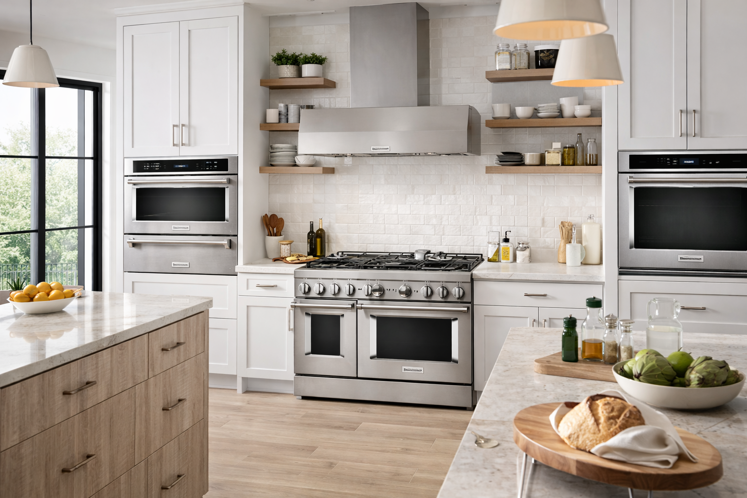 Modern kitchen with KitchenAid double ovens and gas range