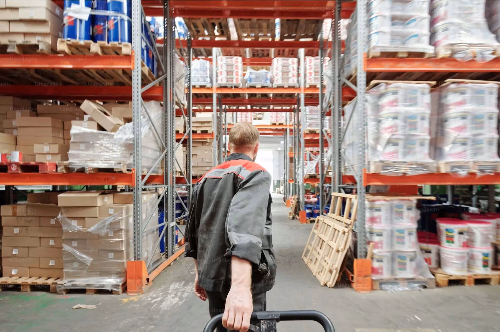 Warehouse worker pushing a cart through aisles stocked with pallets of boxed goods.