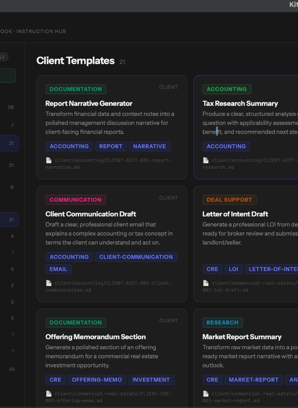 Screenshot of the Kith Library desktop app showing the Client Templates view with prompt cards for Report Narrative Generator, Tax Research Summary, Client Communication Draft, Letter of Intent Draft, Offering Memorandum Section, and Market Report Summary — filtered by category and type in the left sidebar, with a prompt detail panel open on the right.