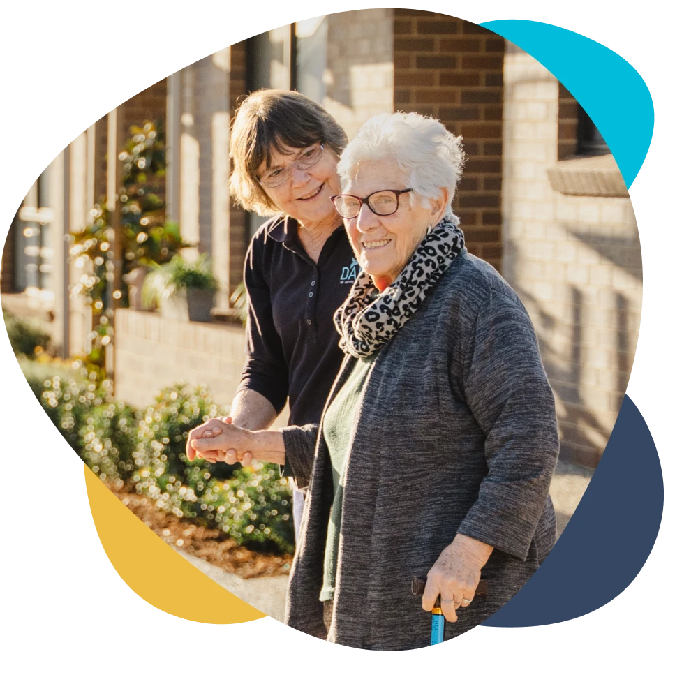 Assisting elderly lady to go shopping