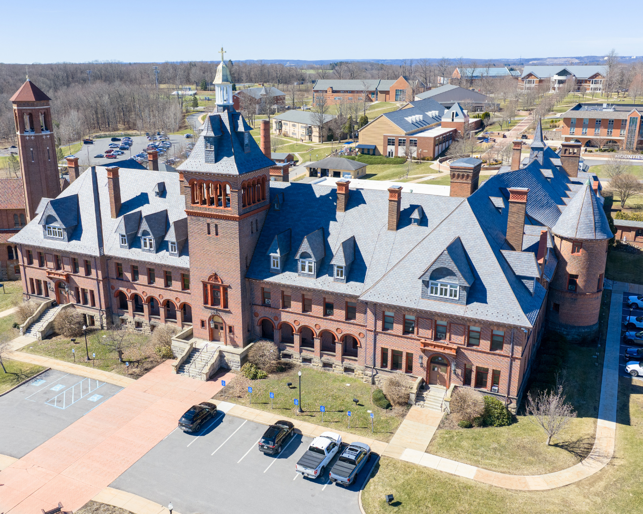 Aerial photograph of the Mount Aloysius roof replacement by Myers Roofing