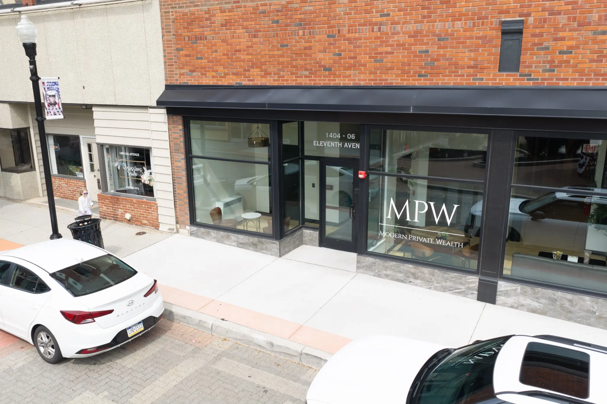 Drone photograph of the Modern Private Wealth storefront in downtown Altoona