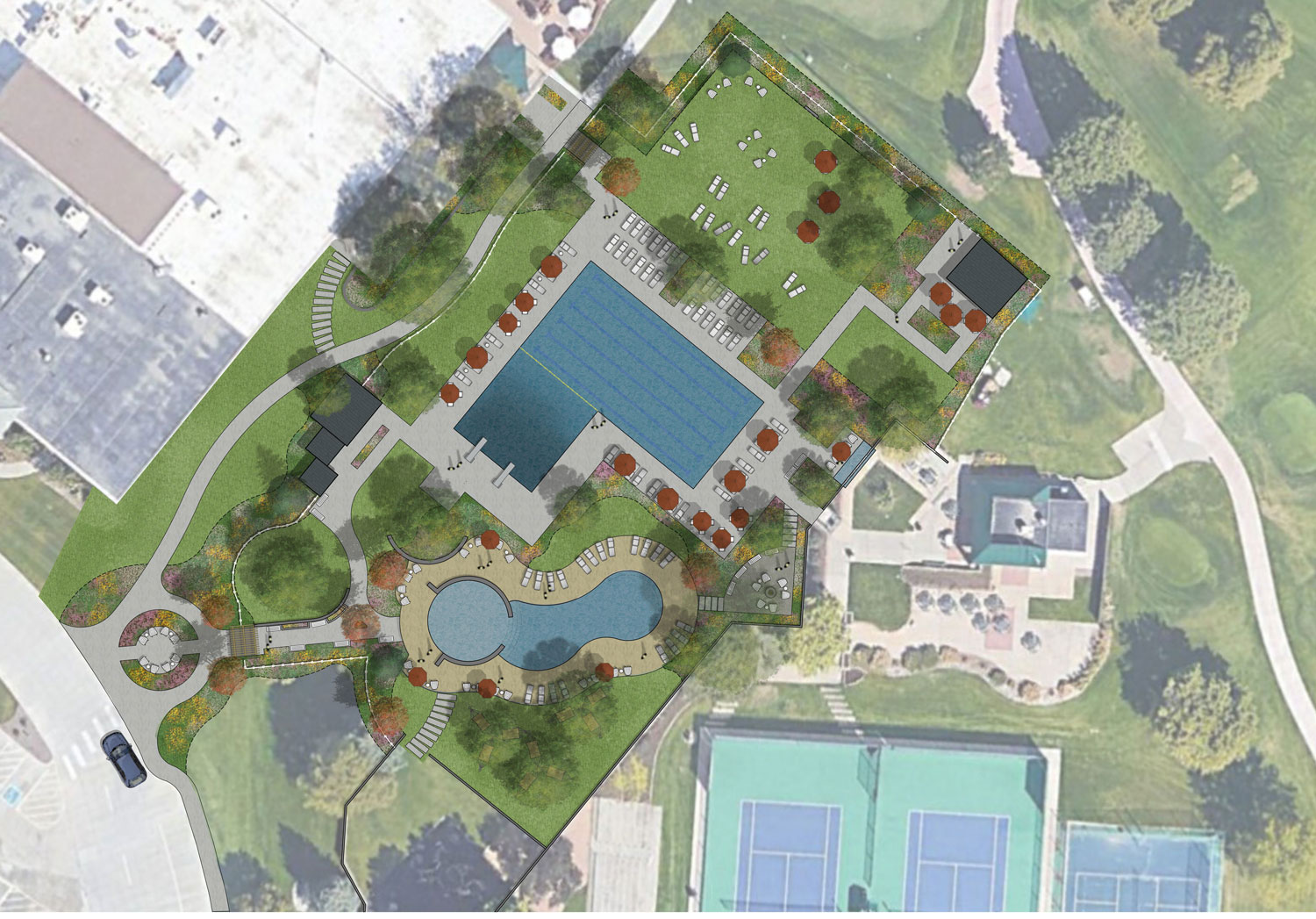 Aerial view of a recreational area design featuring a large rectangular pool with lanes, a smaller irregularly shaped pool, surrounding pathways with seating and umbrellas, green lawns with lounge chairs, and nearby tennis courts.