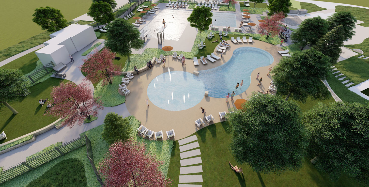 Aerial view of a community pool area with a kidney-shaped pool, a shallow round pool, lounge chairs, umbrellas, trees, and people enjoying the space.