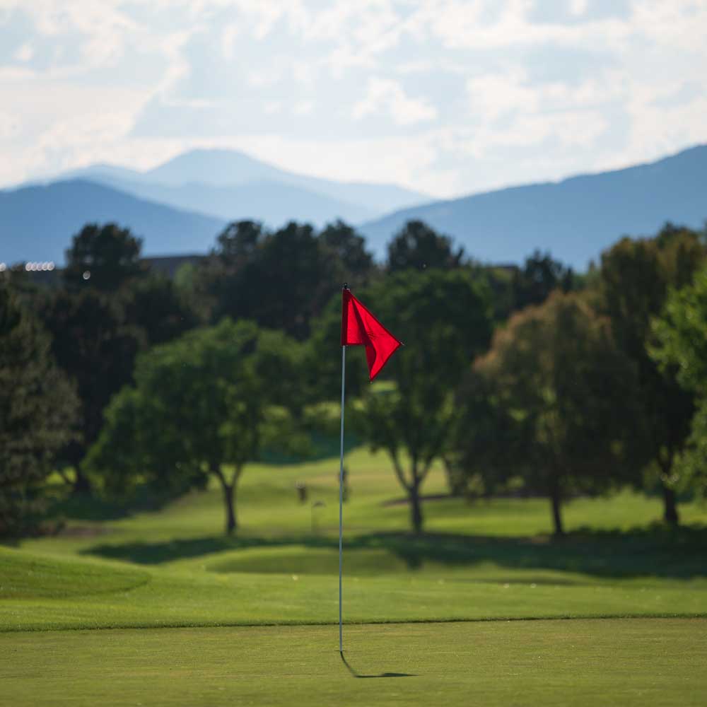 Red flag on a golf course green with trees and mountains in the background under a partly cloudy sky.