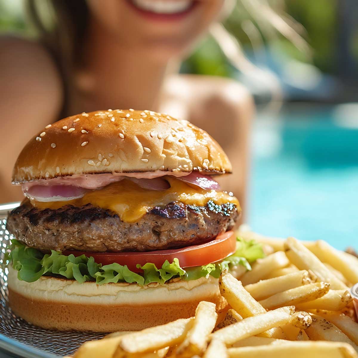 Cheeseburger with lettuce, tomato, onion, and fries on a plate near a pool.