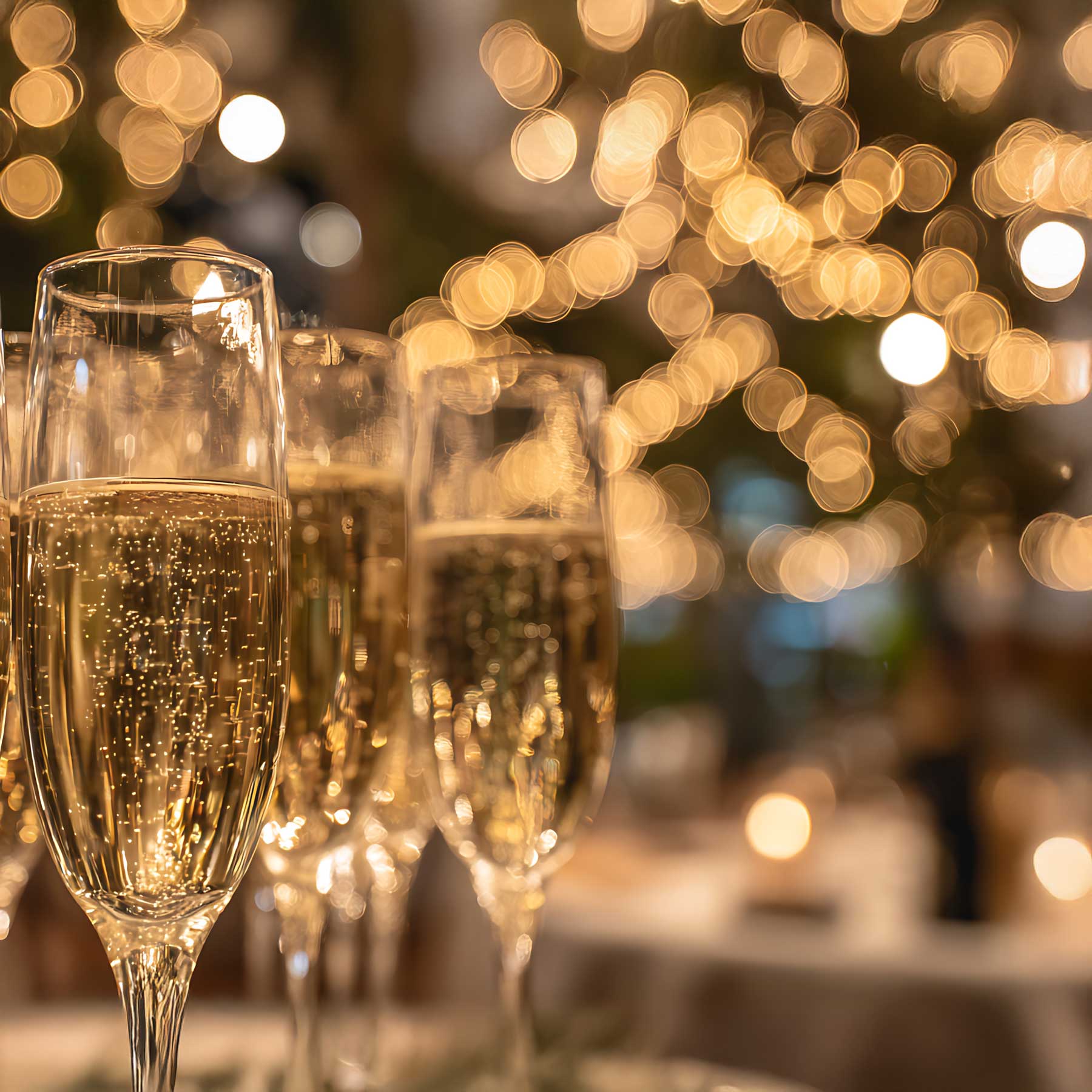 Close-up of sparkling champagne glasses with warm, blurred festive lights in the background.
