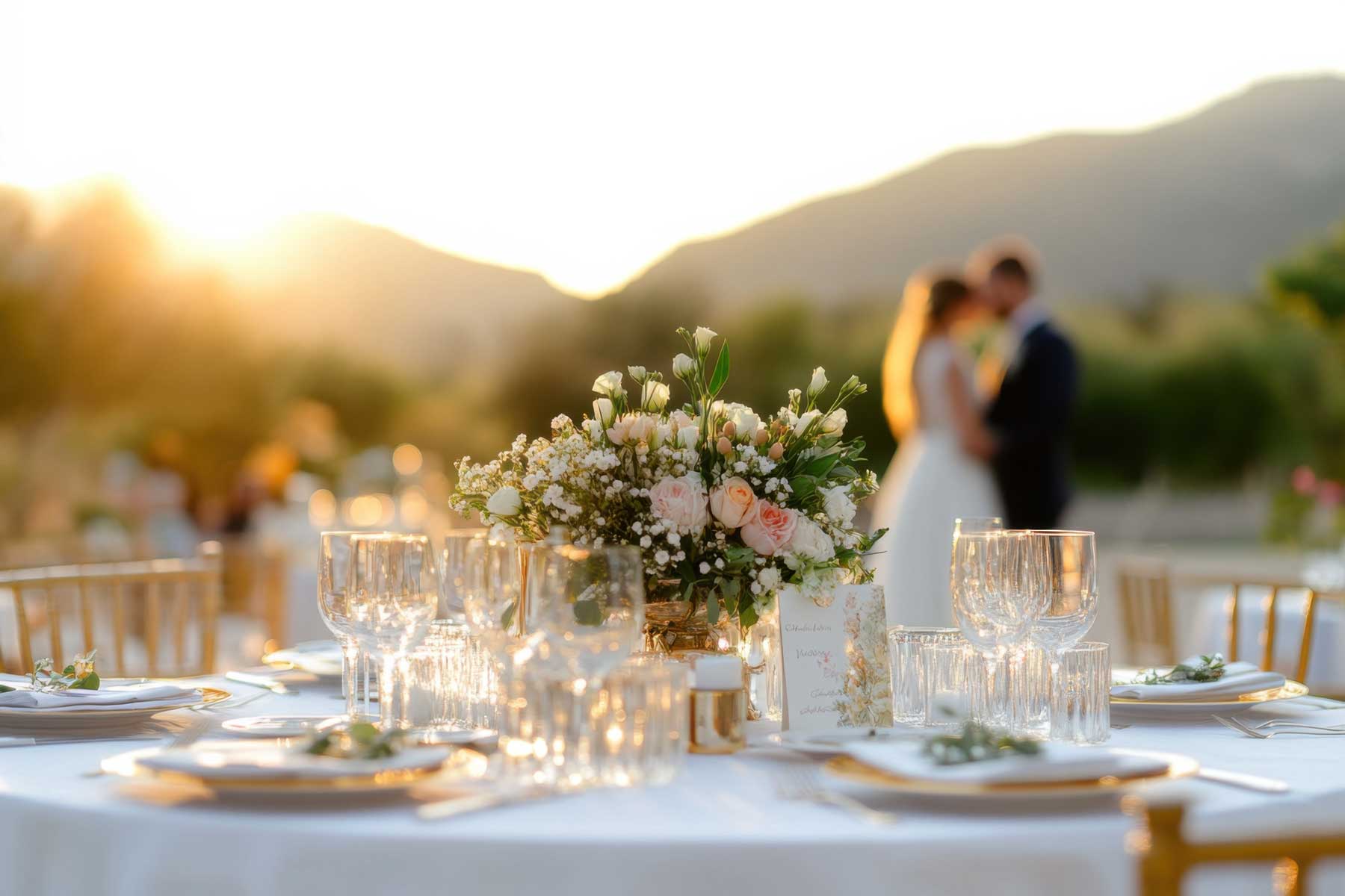 Sunset-lit wedding reception table with floral centerpiece and blurred bride and groom in background.