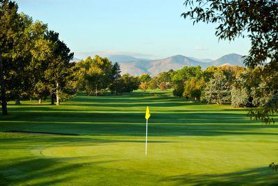 Golf green with a yellow flagstick on a fairway surrounded by trees and mountains in the background.