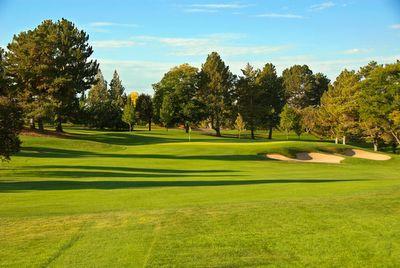 Sunlit golf course hole with smooth green, sand bunkers, and tall trees under a blue sky.