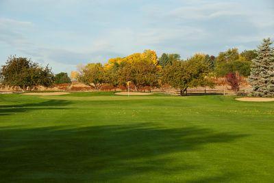 Golf course green with flagstick on hole surrounded by trees with autumn foliage under partly cloudy sky.