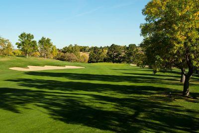 Golf course fairway with sand bunkers, surrounded by trees under a clear blue sky.