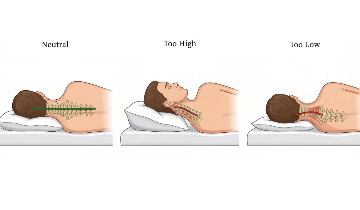 Cervical spine alignment showing correct pillow height with neutral, too high, and too low positions