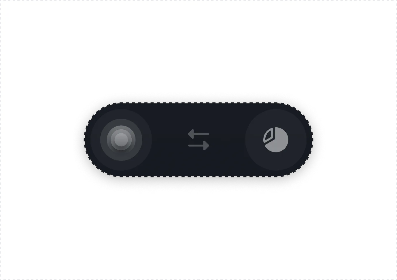 Dark horizontal toggle switch with a circular button on the left and a pie chart icon button on the right, separated by two arrows pointing left and right.