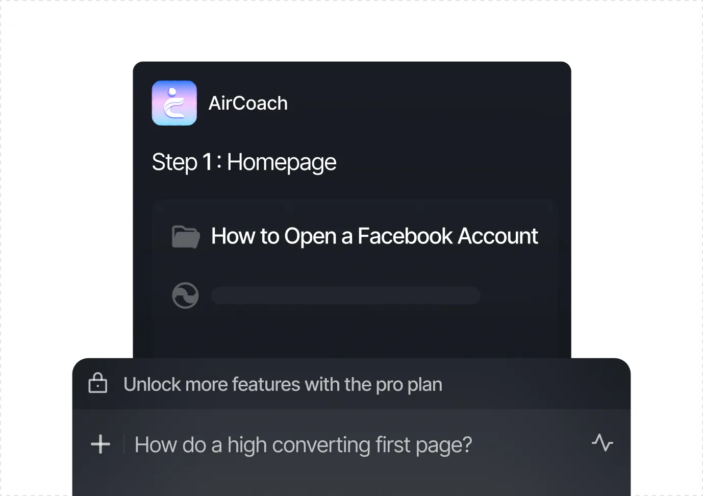 AirCoach app interface showing Step 1: Homepage, with a folder labeled 'How to Open a Facebook Account' and a prompt to unlock more features with the pro plan.