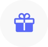Blue gift box icon with ribbon and bow on a white circular background.