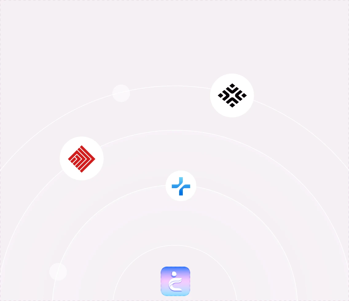 Four abstract geometric logos positioned over white circular backgrounds, arranged in a pattern of faint concentric rings on a light gray background.