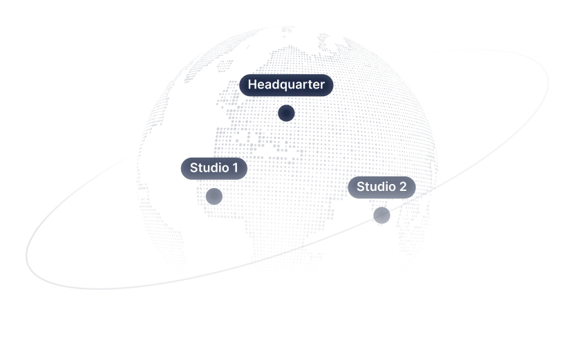 A stylized globe with three labeled points: Headquarter in North America, Studio 1 in South America, and Studio 2 in Asia, connected by an orbit-like line.
