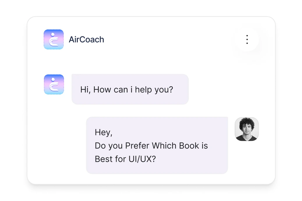 Chat interface with AirCoach bot asking, 'Hi, How can I help you?' and a user replying, 'Hey, Do you Prefer Which Book is Best for UI/UX?'