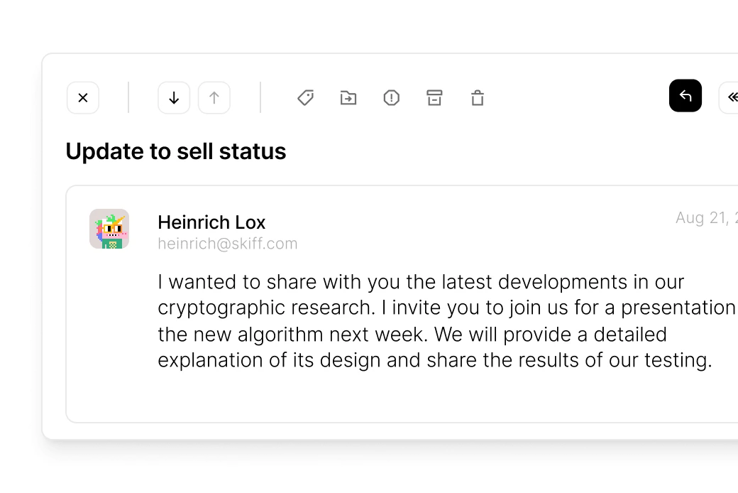 Email interface showing a message titled 'Update to sell status' from Heinrich Lox inviting to a presentation on a new cryptographic algorithm next week.