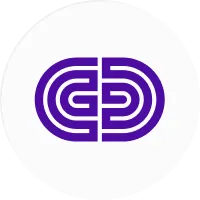Abstract geometric logo with interlocking shapes in dark purple on a white background.