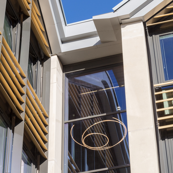 Abstract background with vertical soft wavy lines in pale green and beige tones.