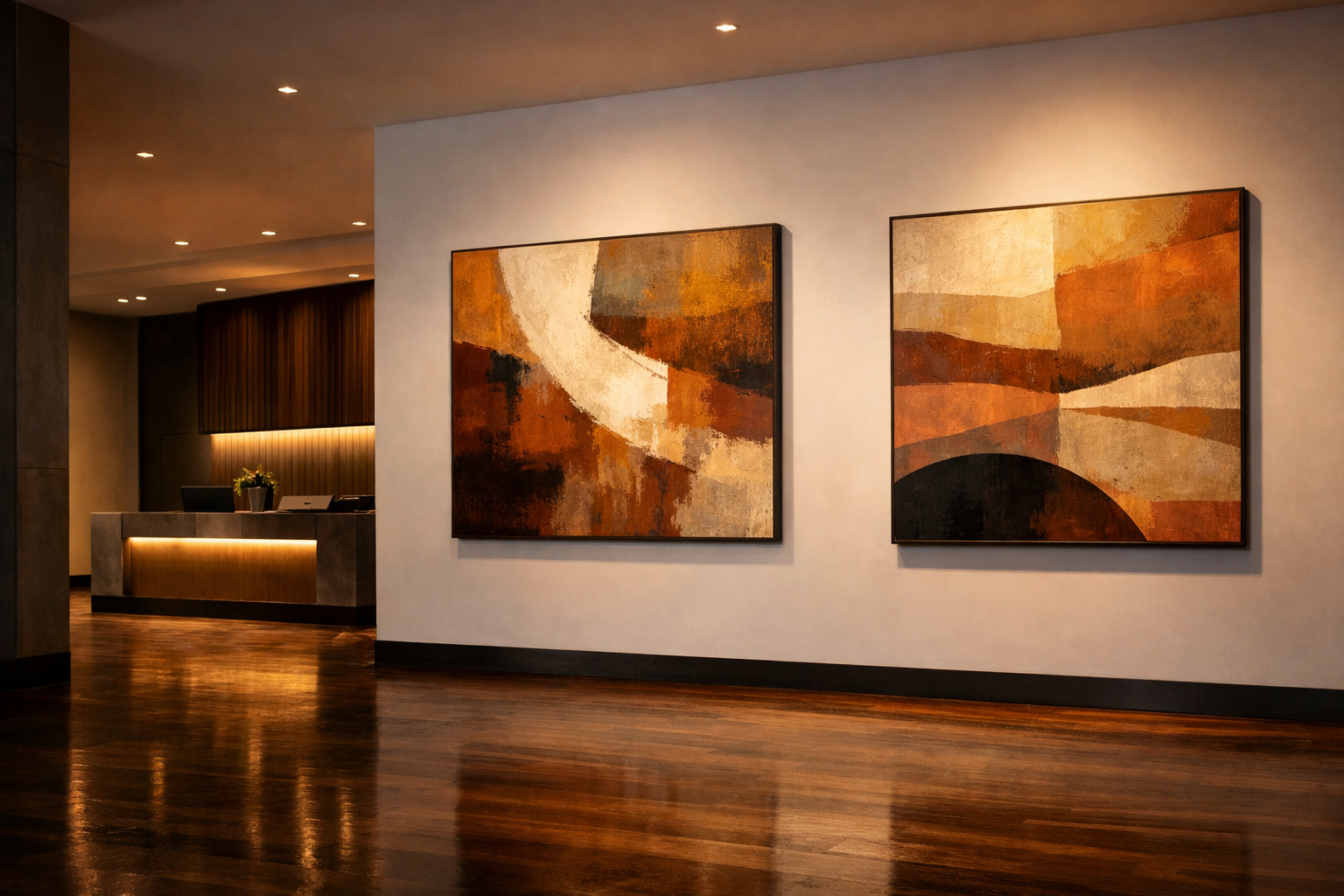 Corporate lobby featuring large abstract paintings curated by Cardoza LLC
