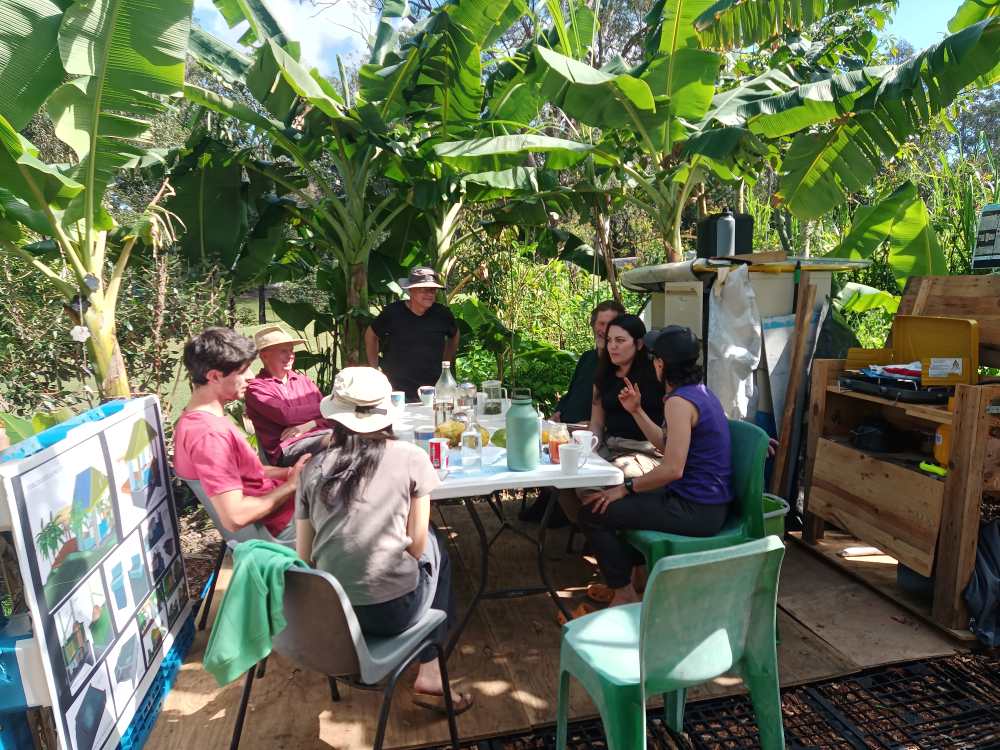 Small group gathered in conversation around a table beneath banana plants at Ediblescapes during a Community Edible Forest Gardening Action Day in Nerang, Gold Coast.