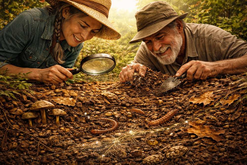 Close-up observation of soil, mulch and biological life at Ediblescapes