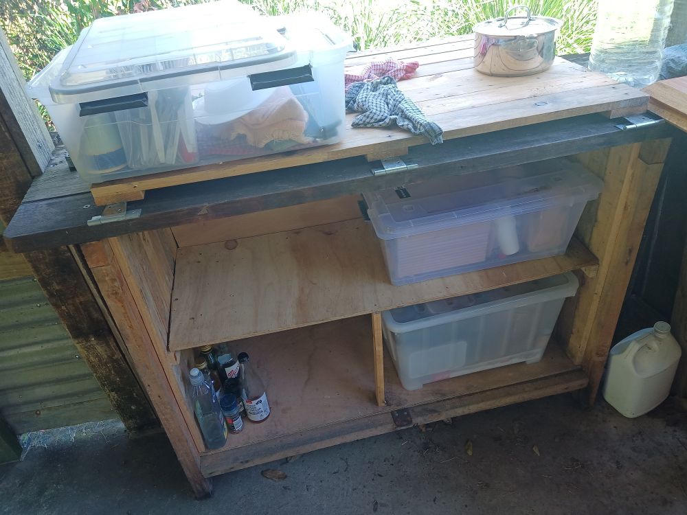 Shelving used to store community cooking utensils and activity materials, 2 March 2024.